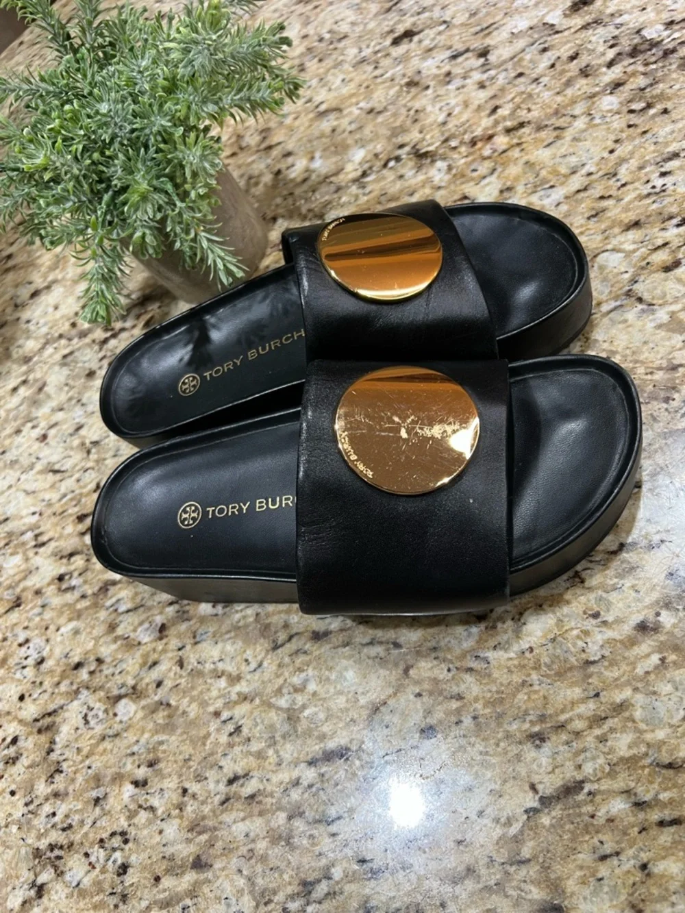 Tory Burch Black Leather Platform Slide with Gold Medallion 7.5M